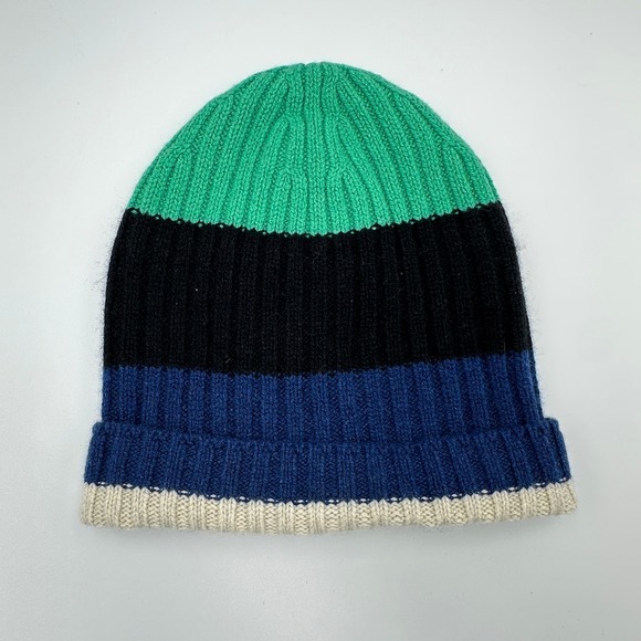 Everlane Cashmere Ribbed Beanie Hat Colorblock Green Blue Black Cream Nwt